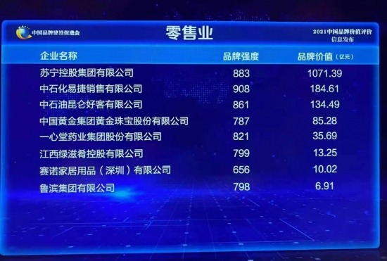 2021中国品牌价值发布 苏宁集团1071亿位列零售业第一(图1)