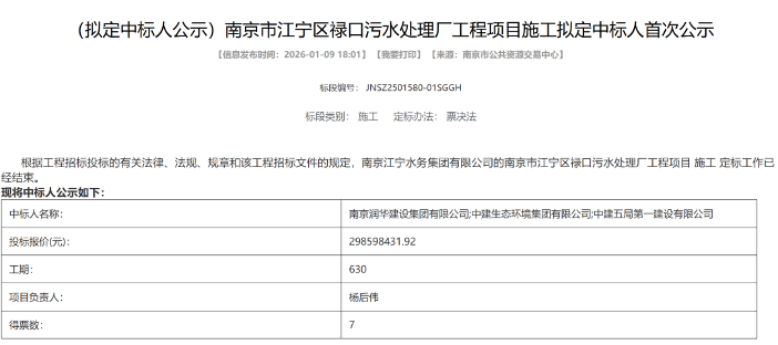 2.98亿！中建生态环境集团联合体预中标南京禄口污水处理厂工程施工(图1)